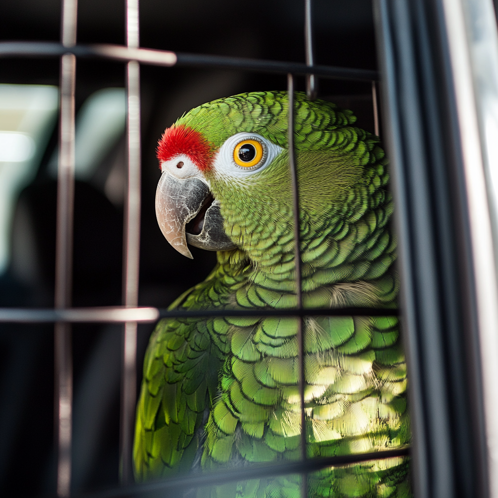 Un perroquet Amazone en plein voyage