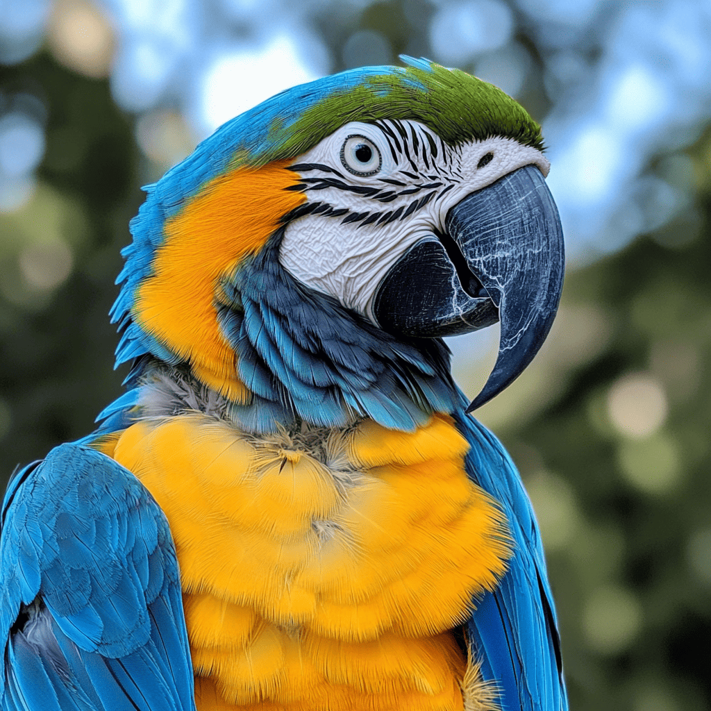 Un Ara bleu vu de face, généré par intelligence artificielle.