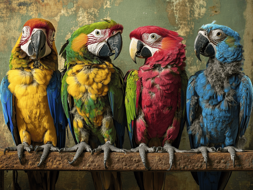 Un groupe de perroquets côte à côte, comme une famille